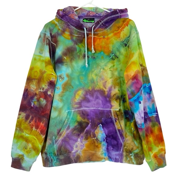 Handmade Tie Dye Hoodie Sweatshirt Pullover Mens Large Unisex Upcycled Pocket - Picture 1 of 10